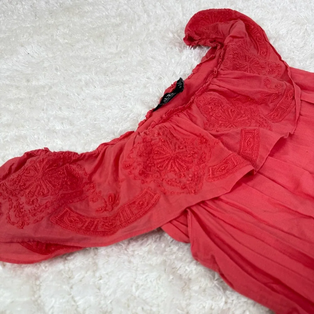 Lauren Ralph Lauren Off-Shoulder Dress Women's 12 Embroidered Ruffle Coral Boho - Picture 12 of 16